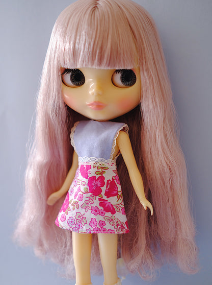 Pink & cornflower ditsy floral Blythe doll pinafore dress