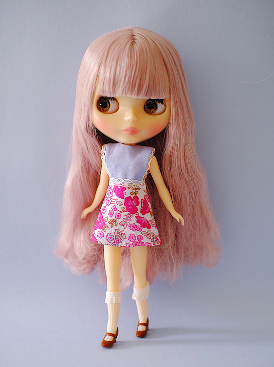 Pink & cornflower ditsy floral Blythe doll pinafore dress