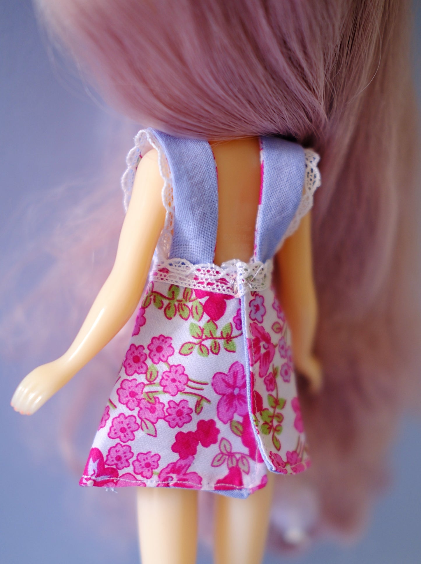 Pink & cornflower ditsy floral Blythe doll pinafore dress