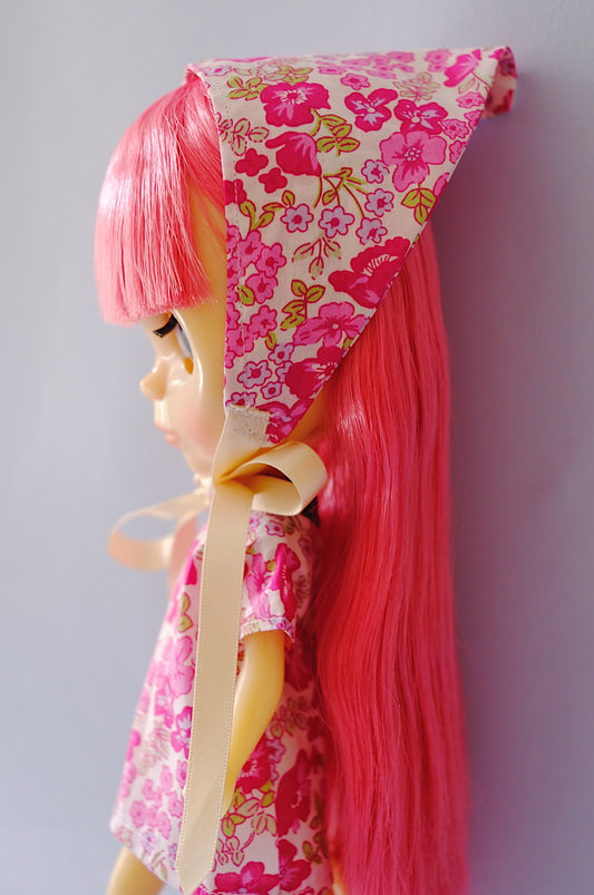 Pink ditsy floral Blythe doll bonnet headscarf