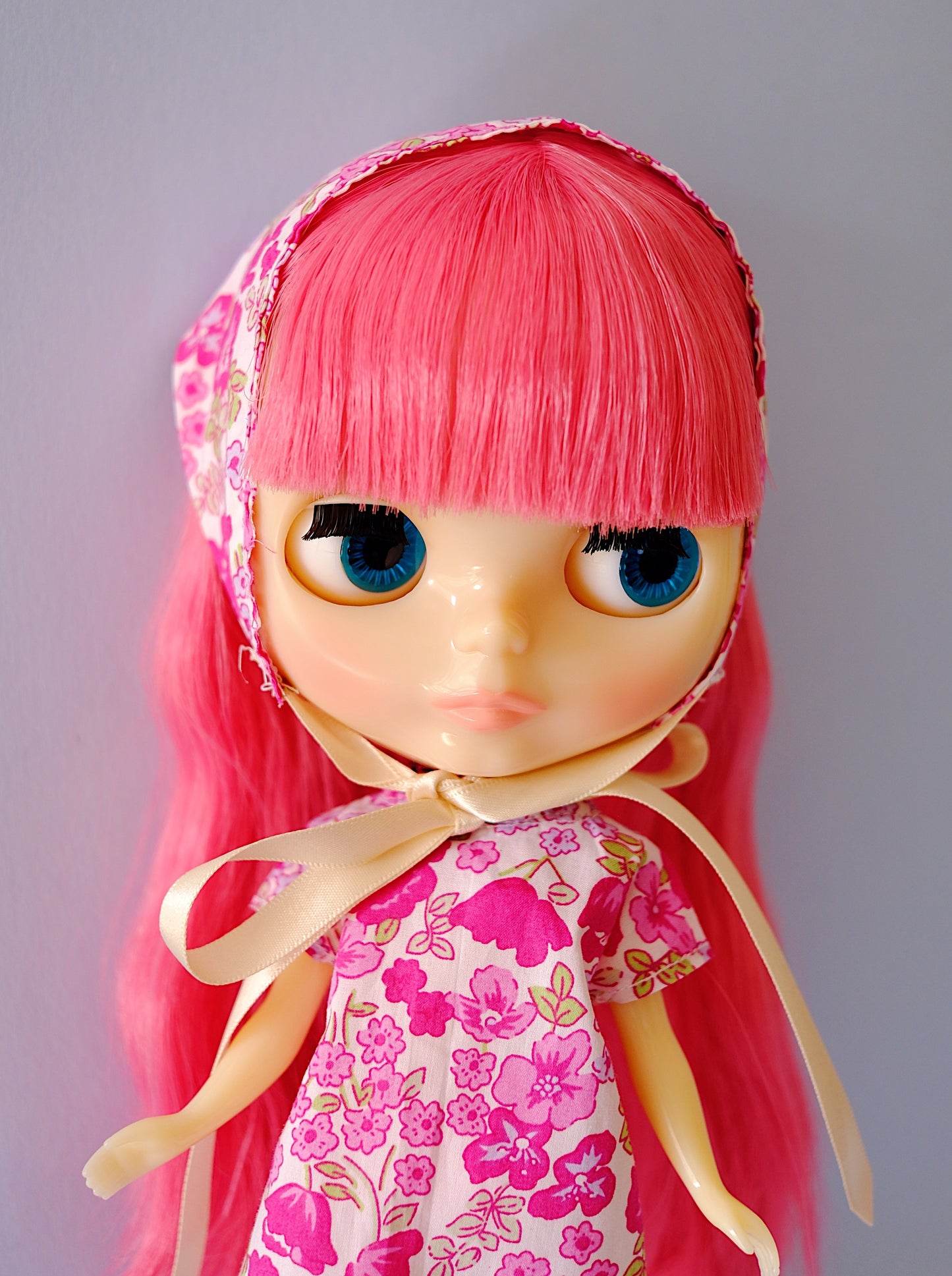 Pink ditsy floral Blythe doll bonnet headscarf