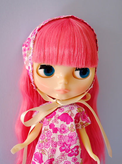 Pink ditsy floral Blythe doll bonnet headscarf